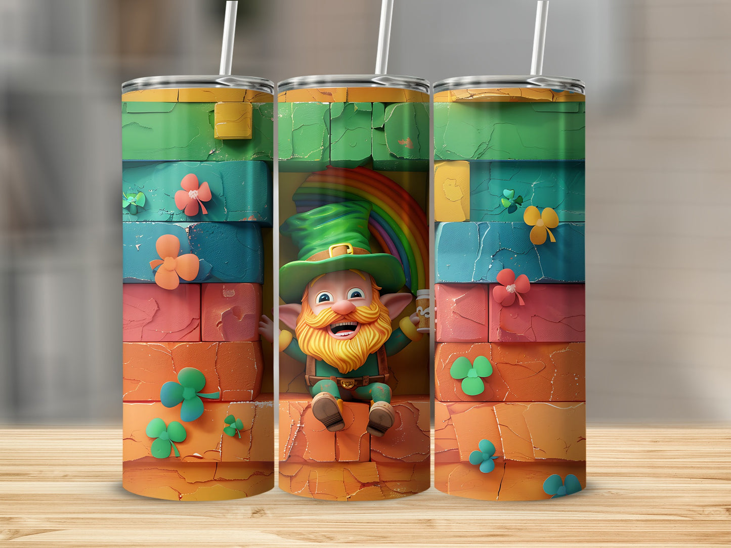Three tumblers with leprechaun and rainbow St. Patrick's Day design.
