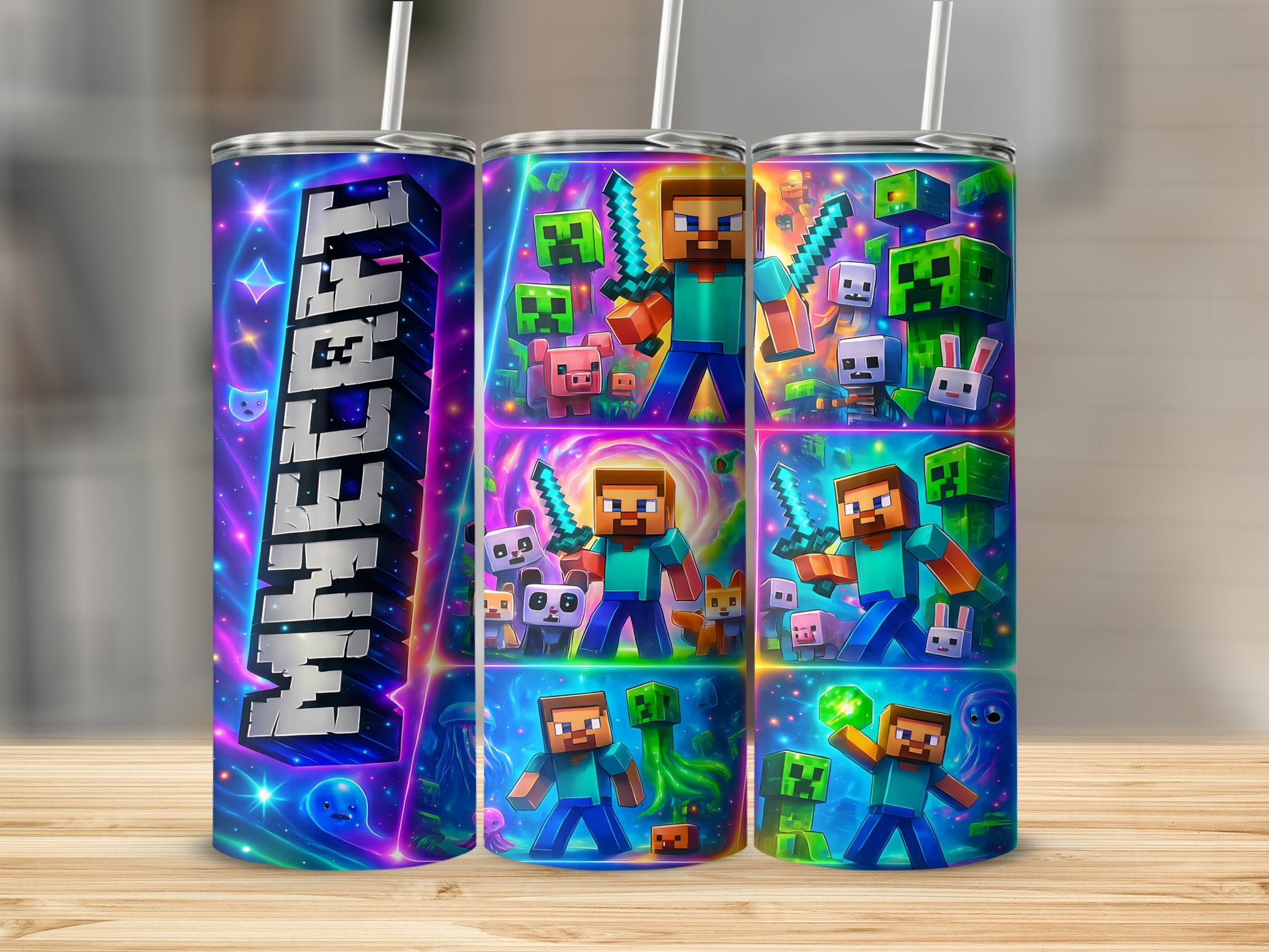 Colorful Minecraft Themed Cups with Strawtops