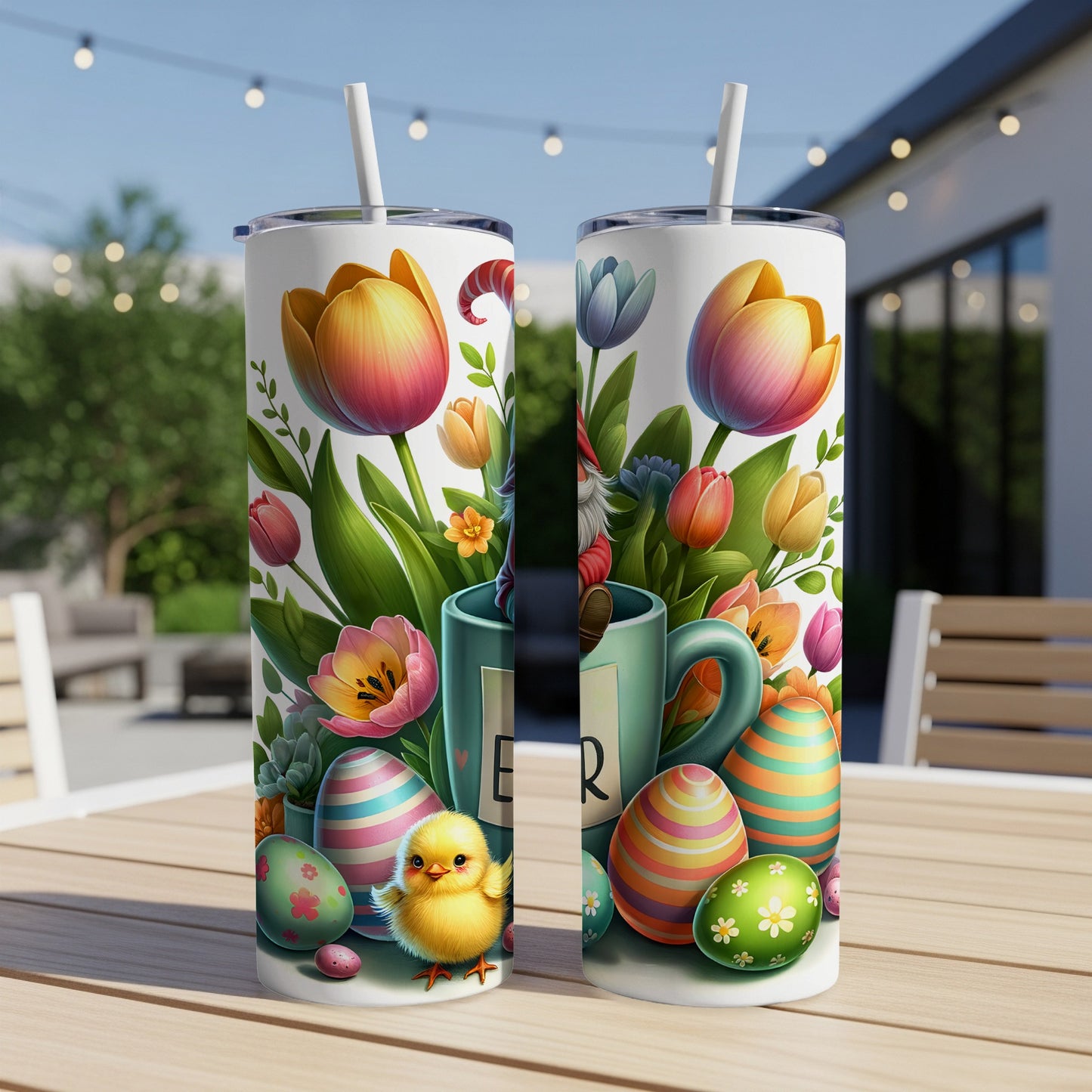 Easter themed tumbler with chick, eggs, flowers, and gnome graphic.