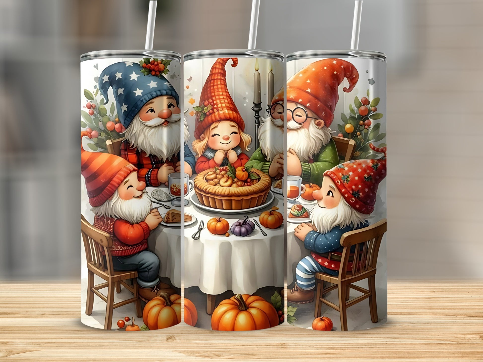 Gnomes Thanksgiving Feast Scene White Tumbler Cup