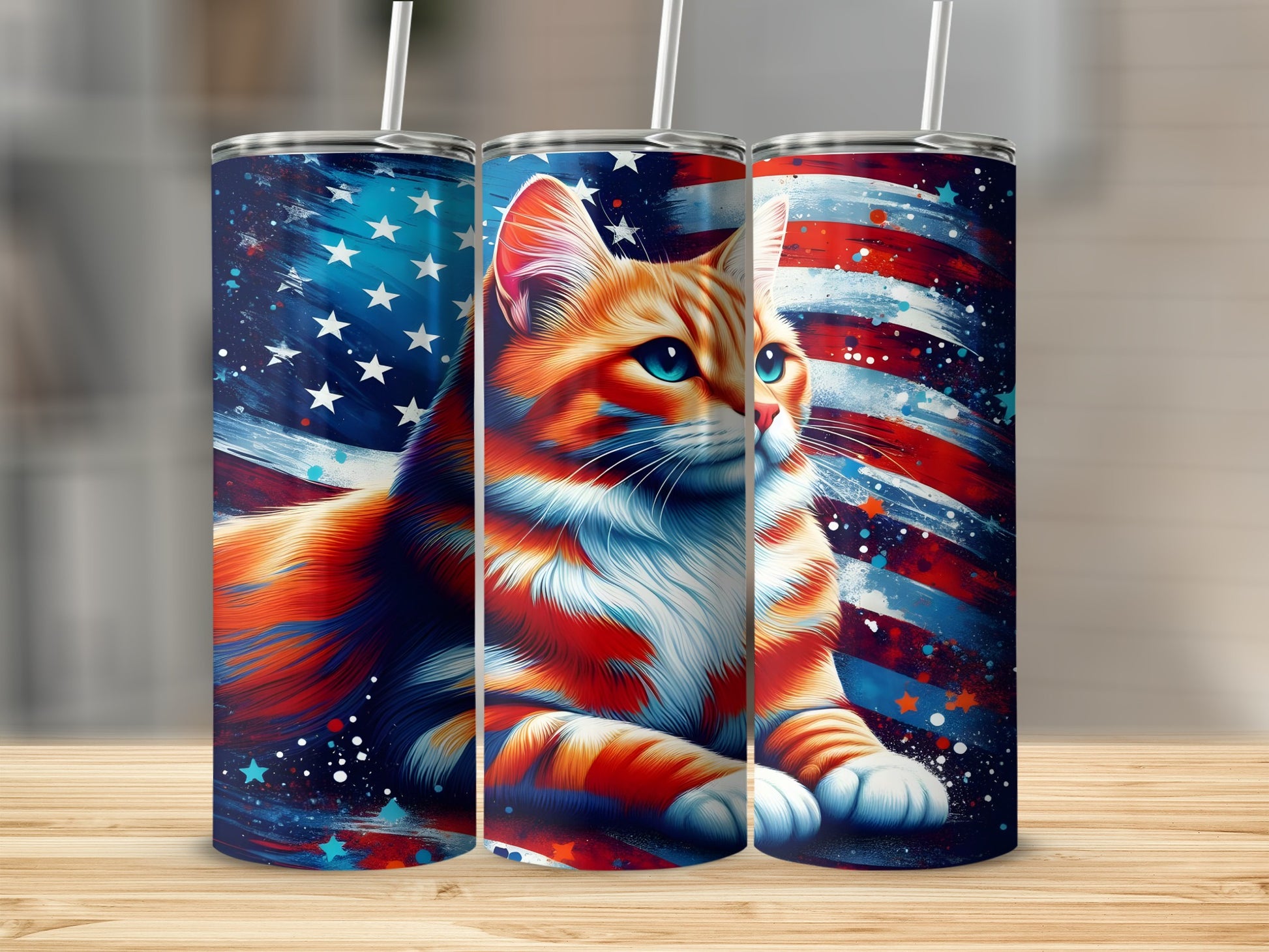 Orange tabby cat with blue eyes against a patriotic American flag background.