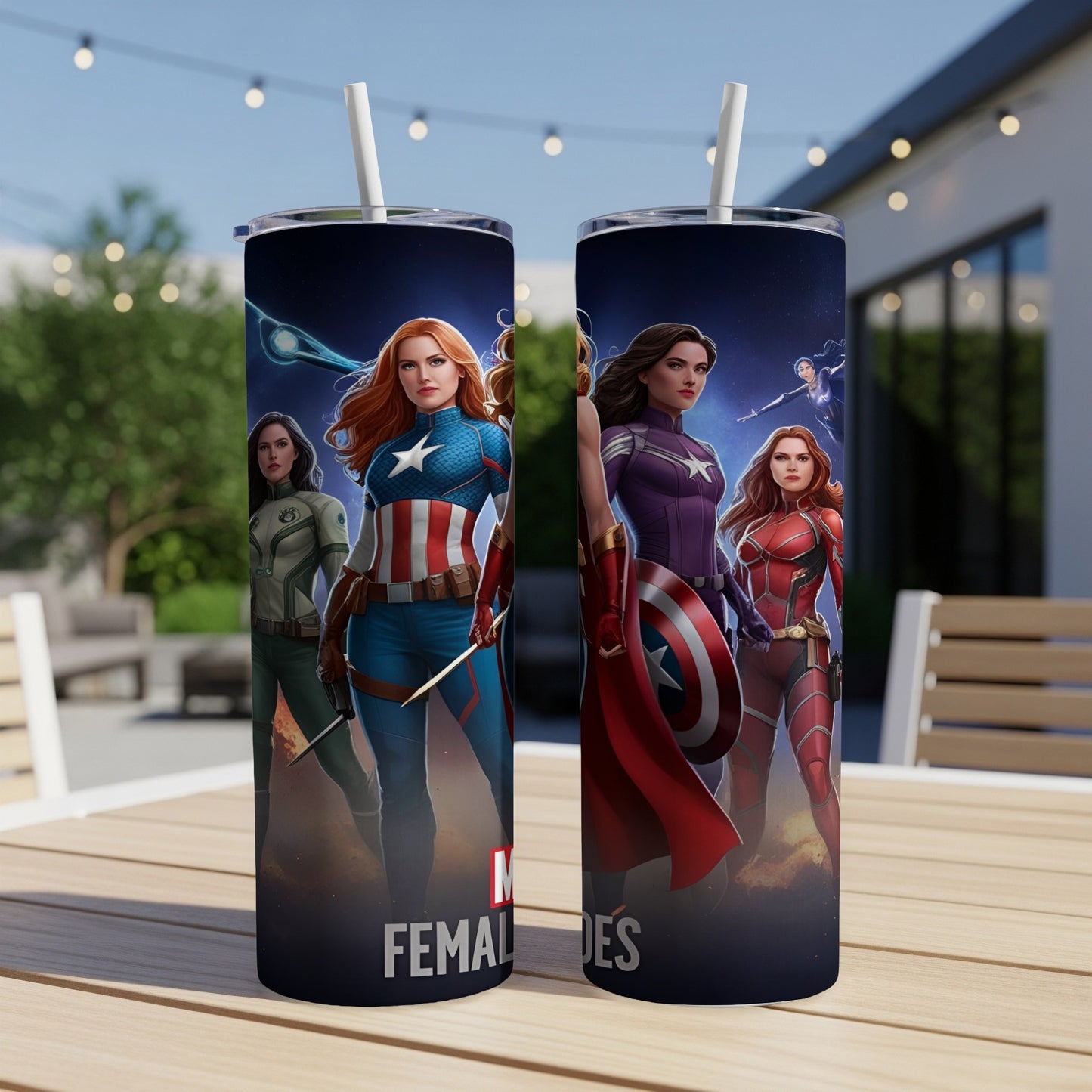 Two tumblers with Marvel female heroes, including Captain America and Captain Marvel.