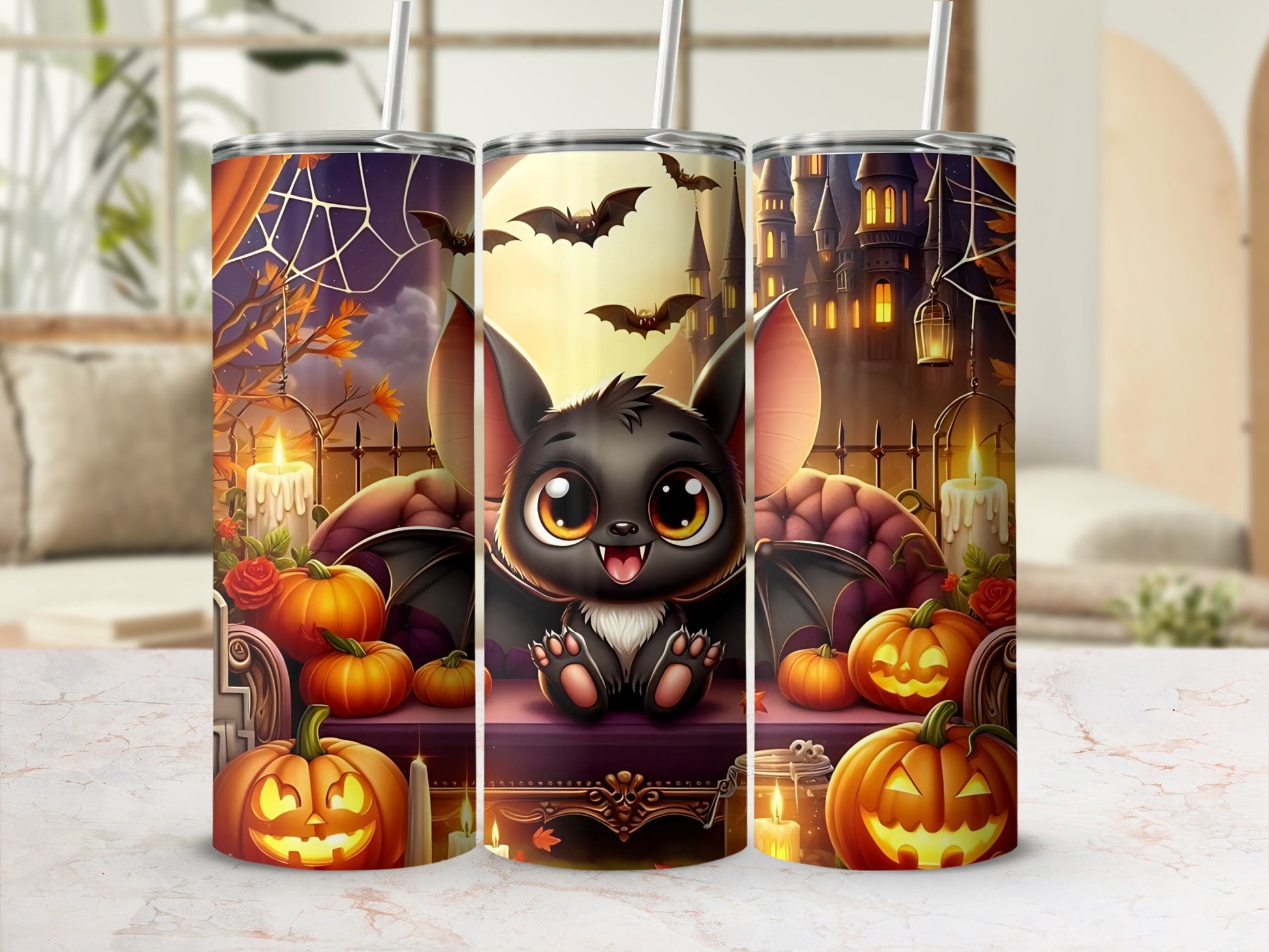 Halloween tumbler with cute bat, pumpkins, castle, and bats in moonlit sky.