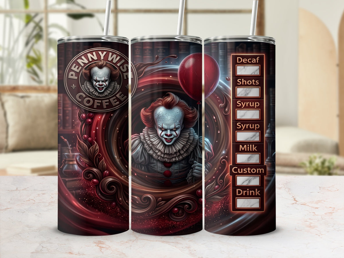 Pennywise coffee tumbler with red balloon and drink customization options.