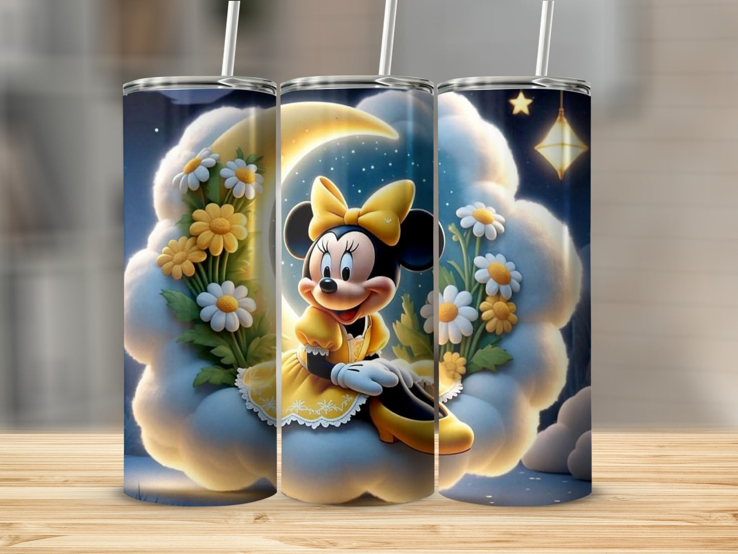 Minnie Mouse sitting on a crescent moon with clouds and daisies.