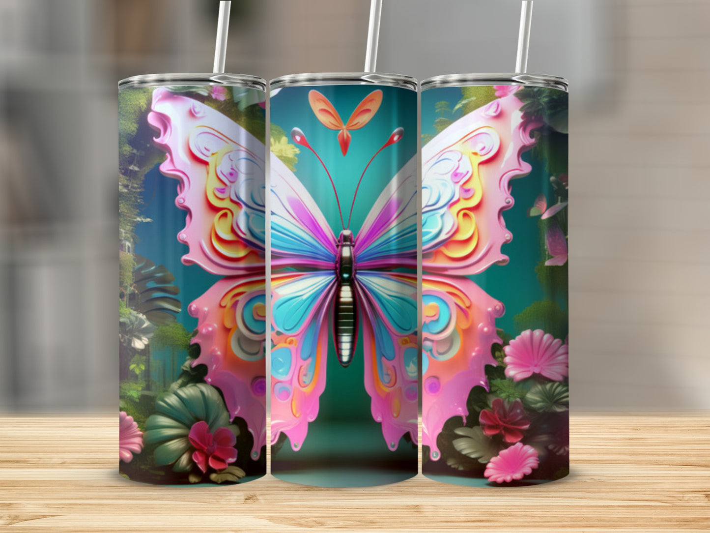 Pink, blue, and yellow butterfly design on three stainless steel tumblers.