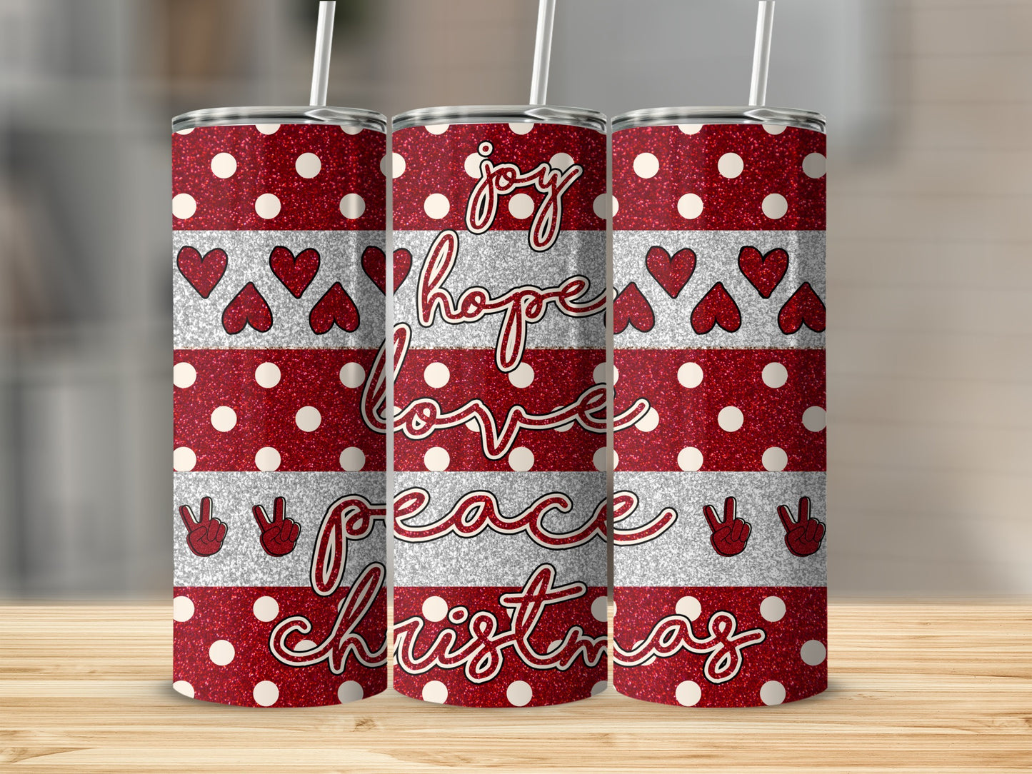 Red glitter tumbler with hearts, peace signs, and "joy love peace christmas" text.