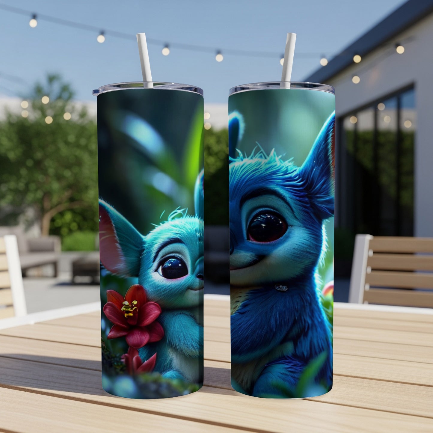 Blue alien creature with large ears holding a red flower on a tumbler.