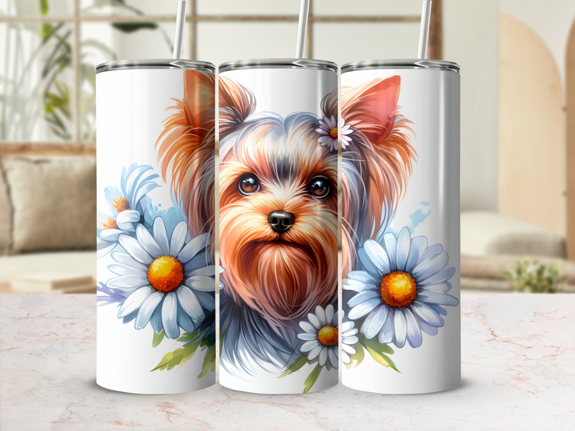 Three tumblers featuring a watercolor Yorkshire terrier portrait with daisies.