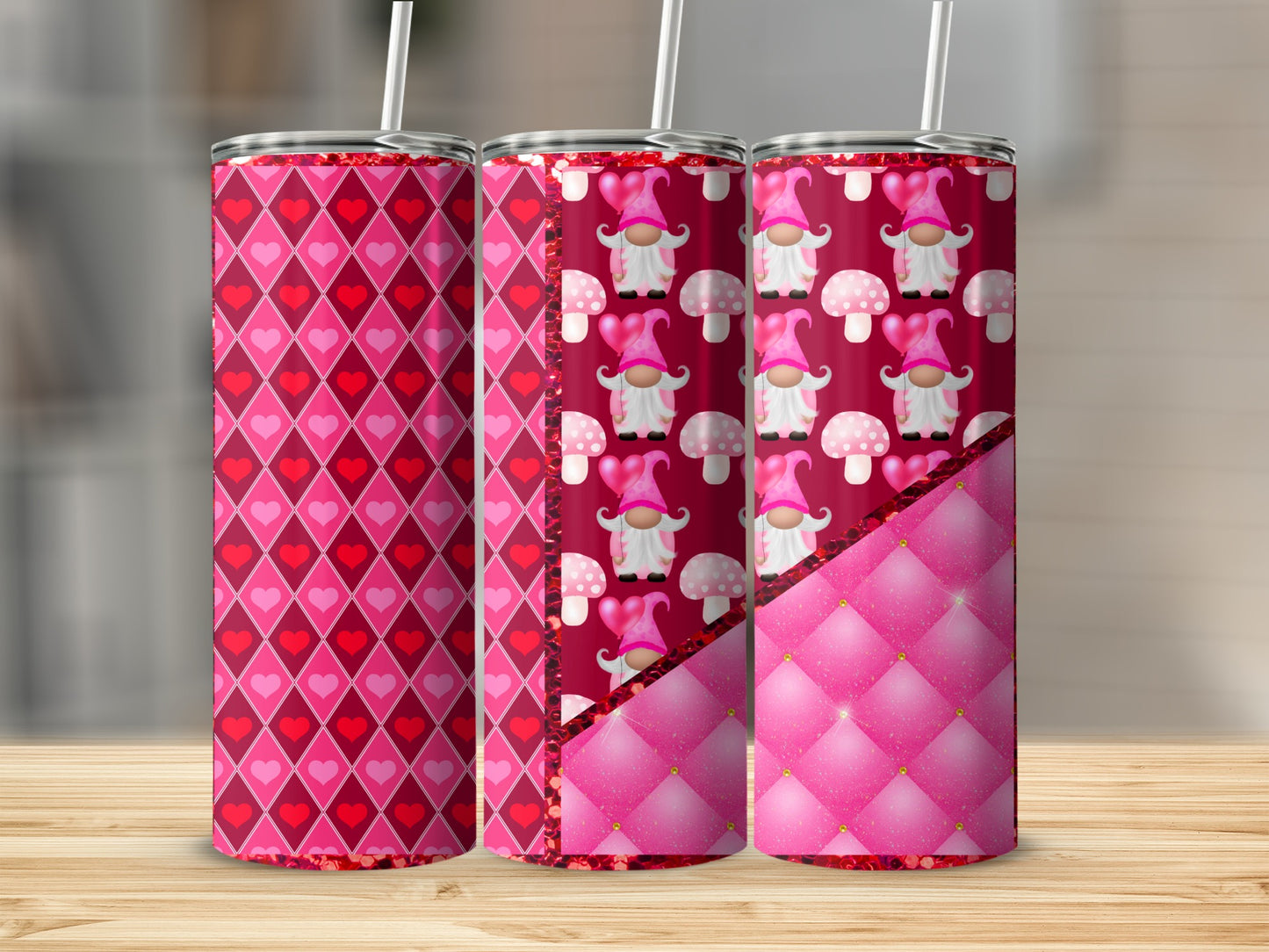 Pink Hearts Gnome and Mushroom Pattern Tumbler Set