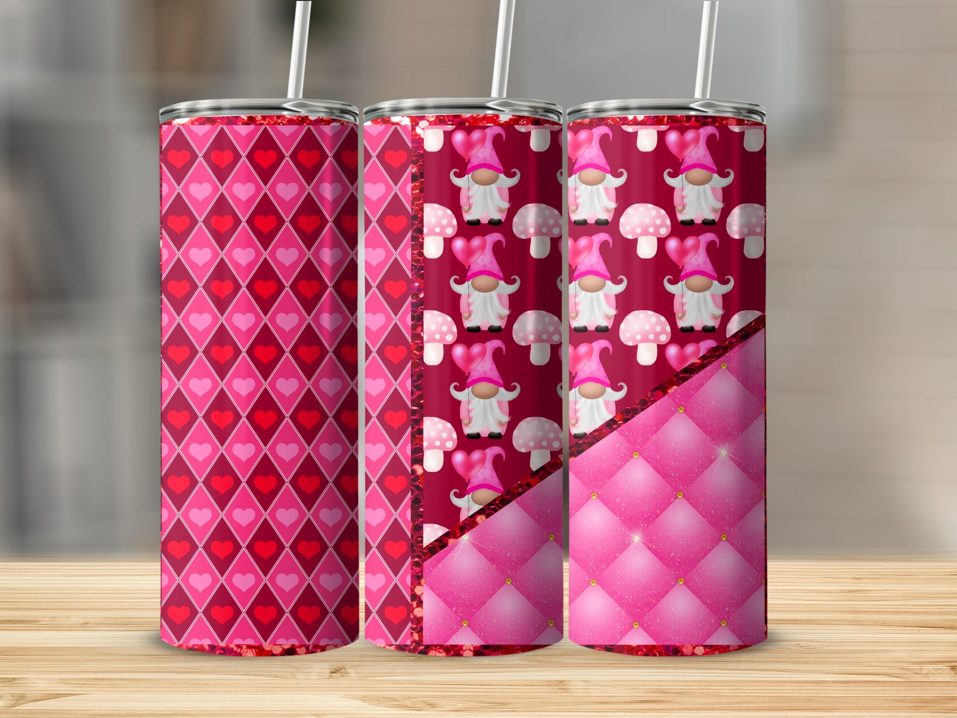 Pink Hearts Gnome and Mushroom Pattern Tumbler Set