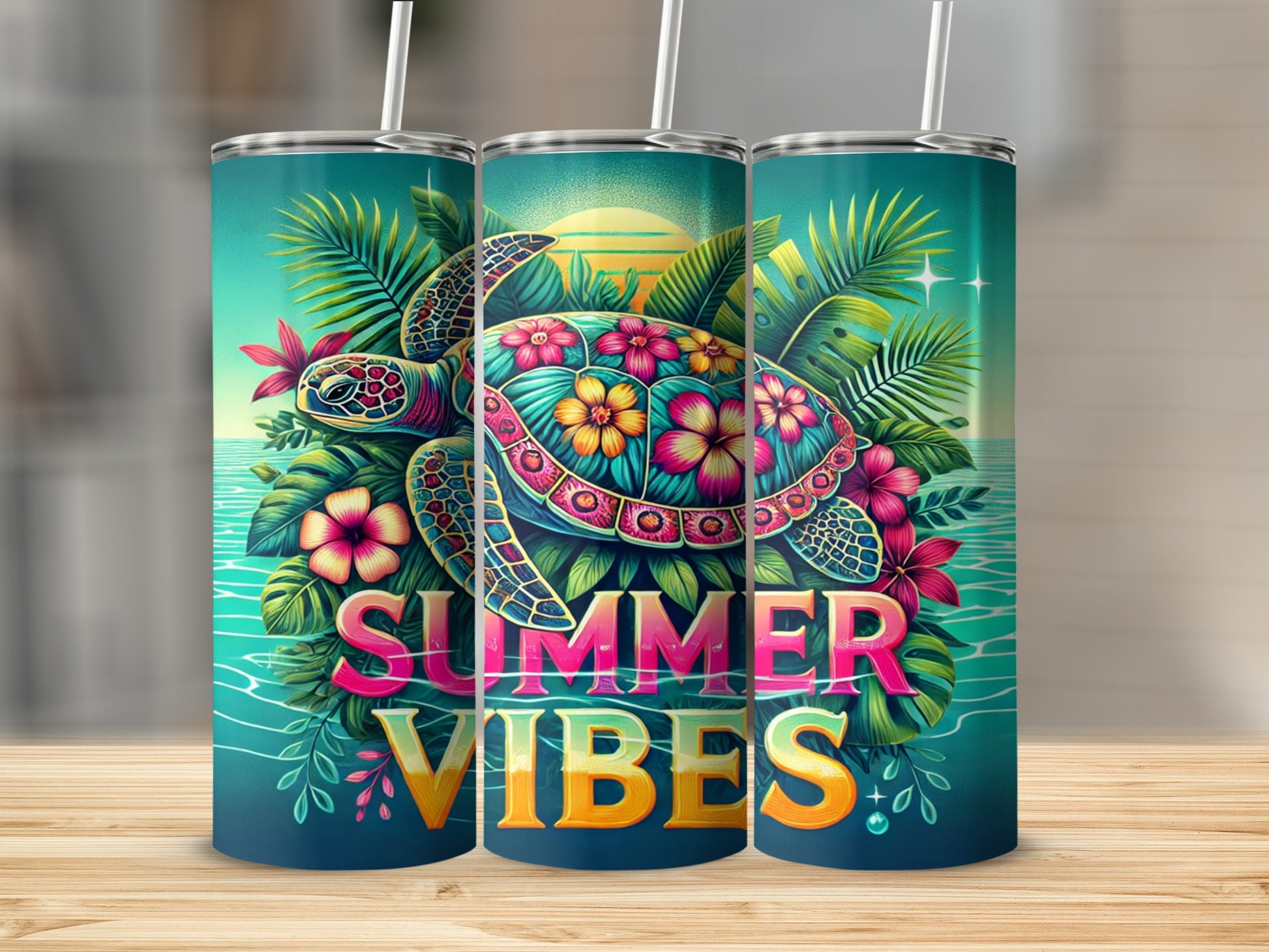 Summer Vibes Turtle Floral Design Tumbler Product
