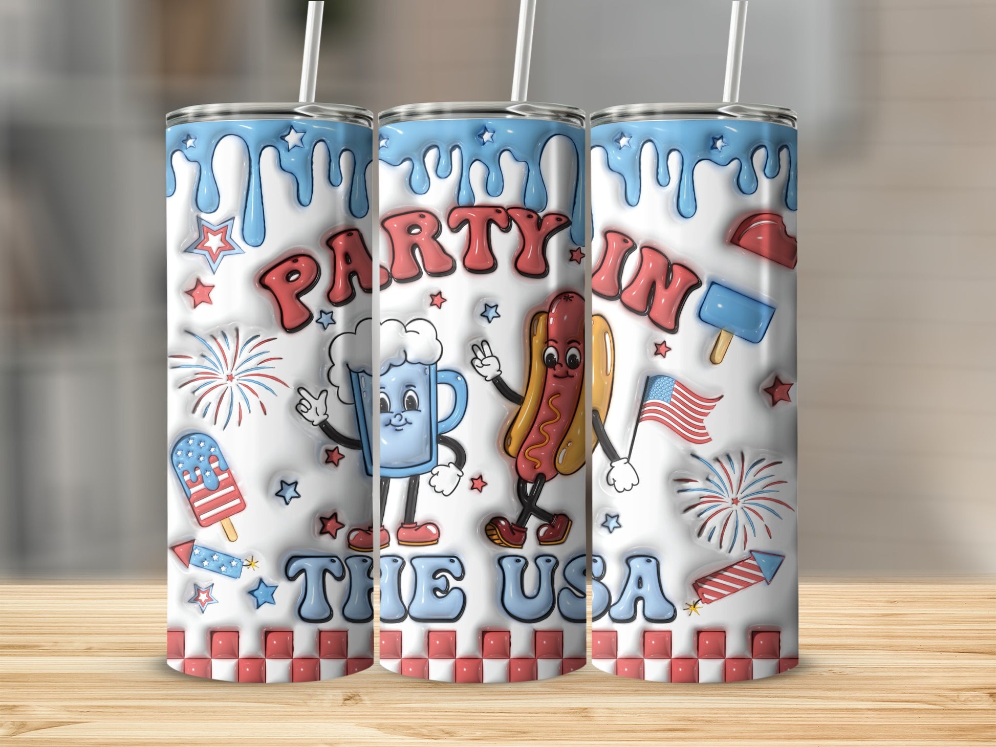 Three 3D tumblers with patriotic, party-themed graphics and characters.