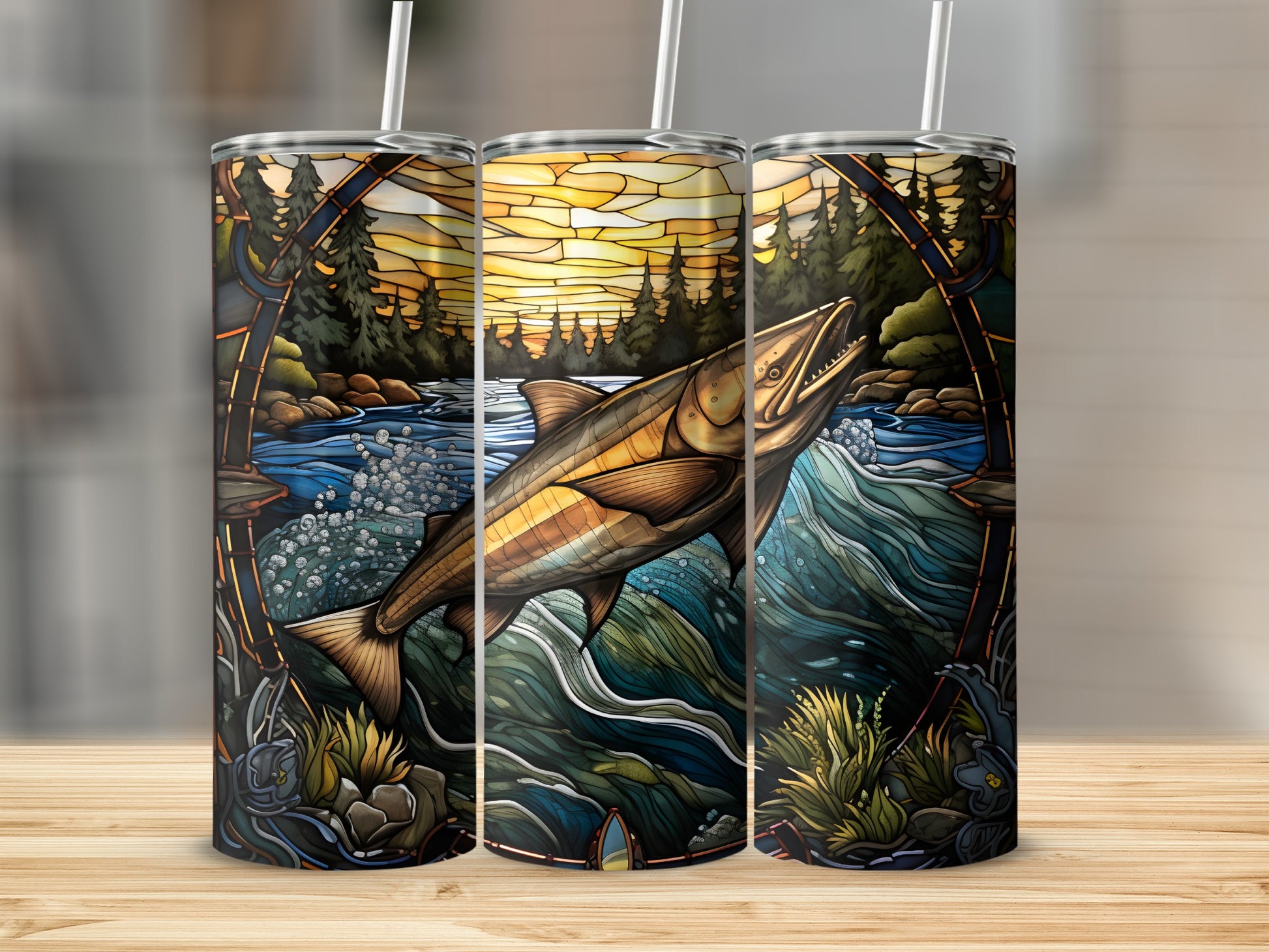 Salmon leaping from water with forest sunset behind it on a tumbler.