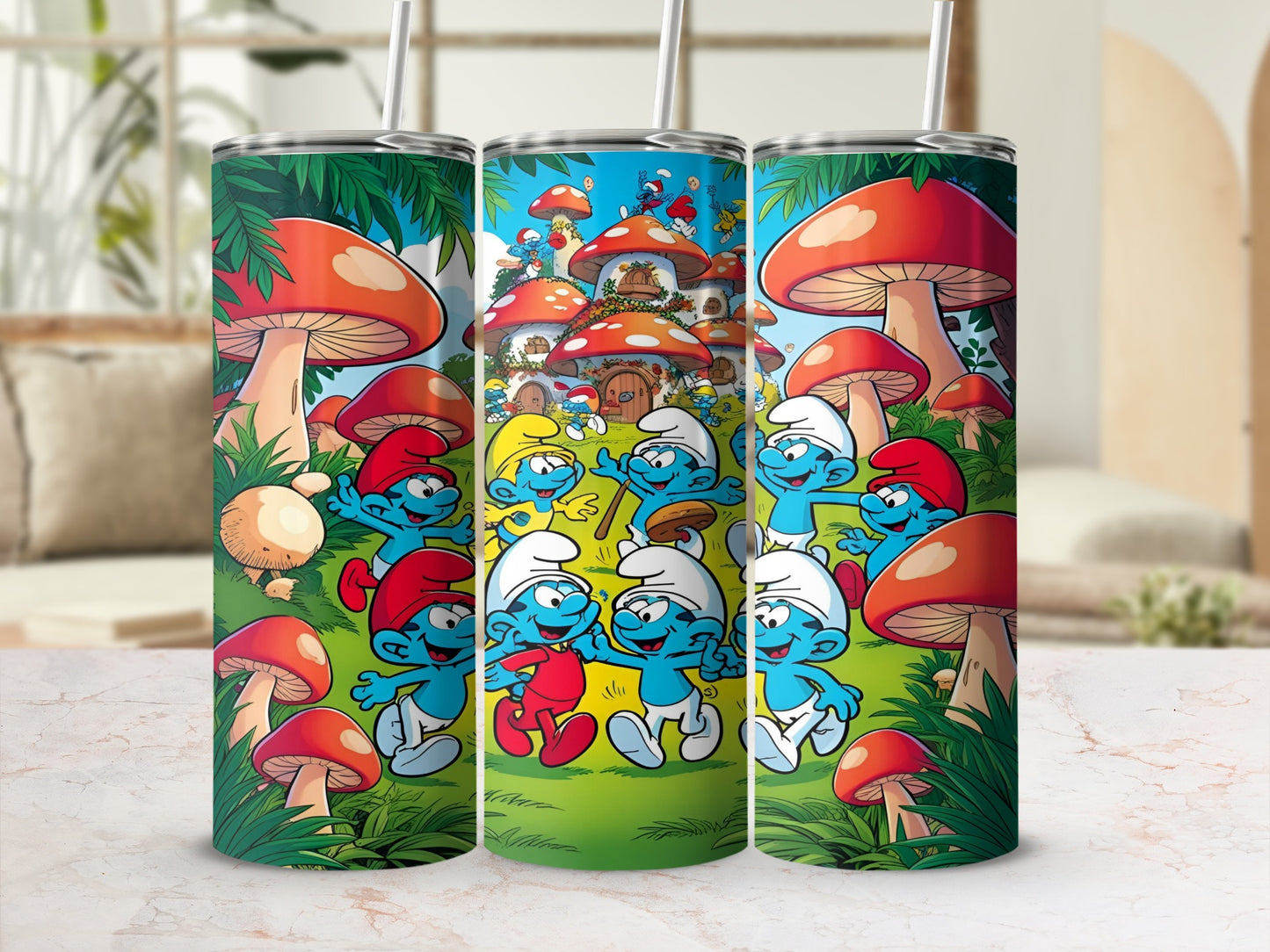 Smurfs in mushroom village with stylized mushrooms and greenery.