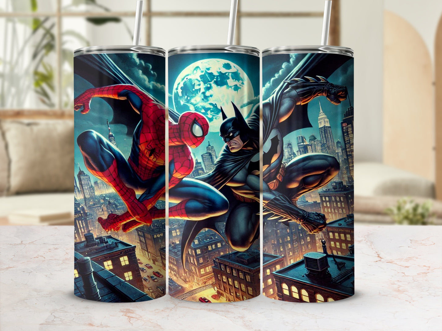 Superhero Tumbler with Spider-Man and Batman Design