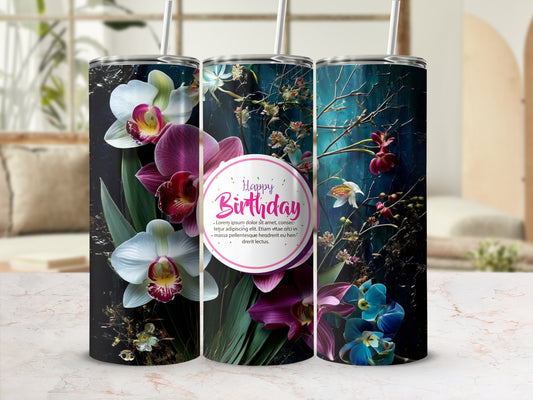 Floral tumbler with "Happy Birthday" text on dark background.