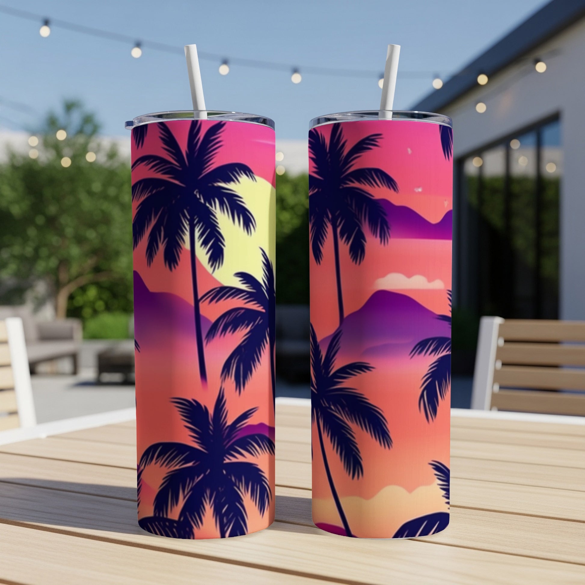 Two tumblers with a tropical sunset and palm tree design.