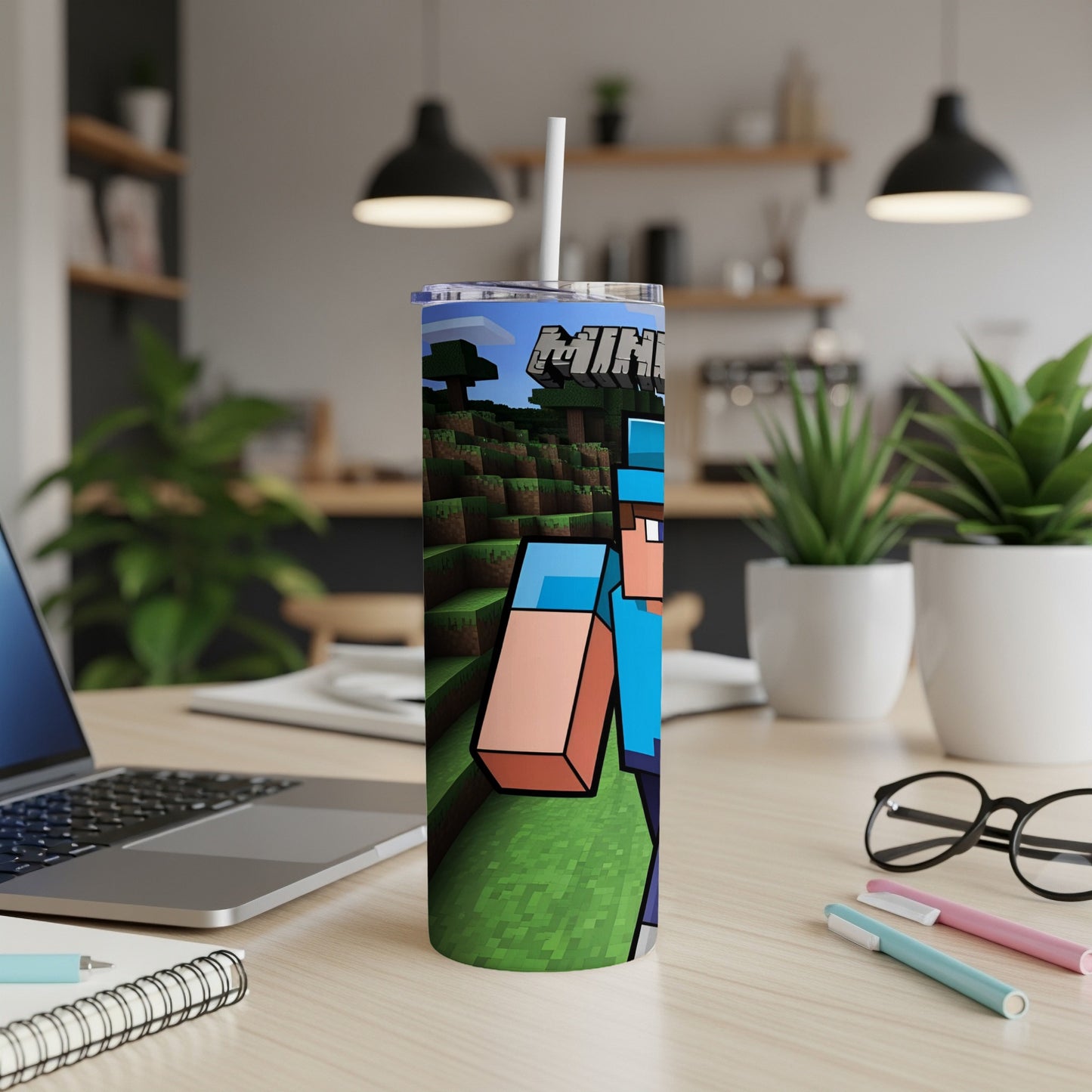 Minecraft character with green landscape on a white tumbler with straw.