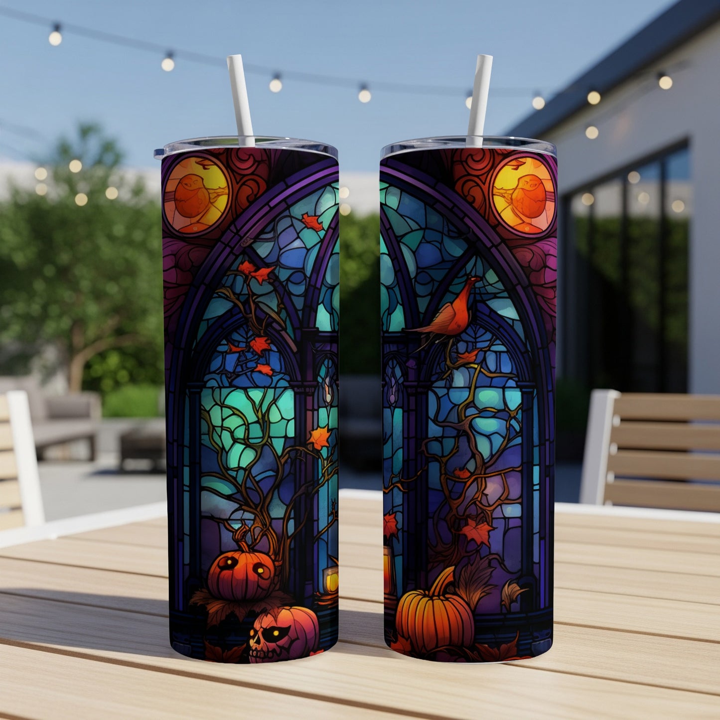 Two Halloween-themed tumblers with stained-glass designs featuring pumpkins and birds.