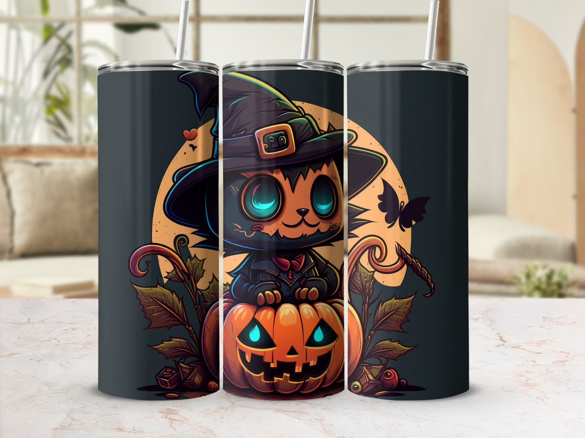 Halloween cat in witch hat sitting on a jack-o'-lantern with straw.