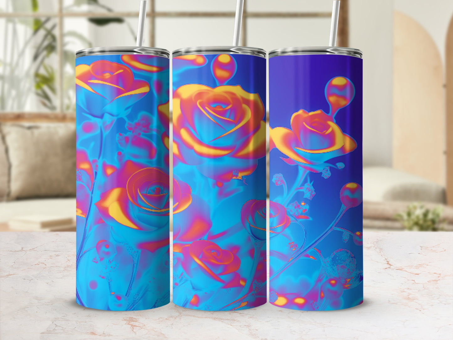 Three tumblers with a vibrant blue, pink, and yellow rose floral design.