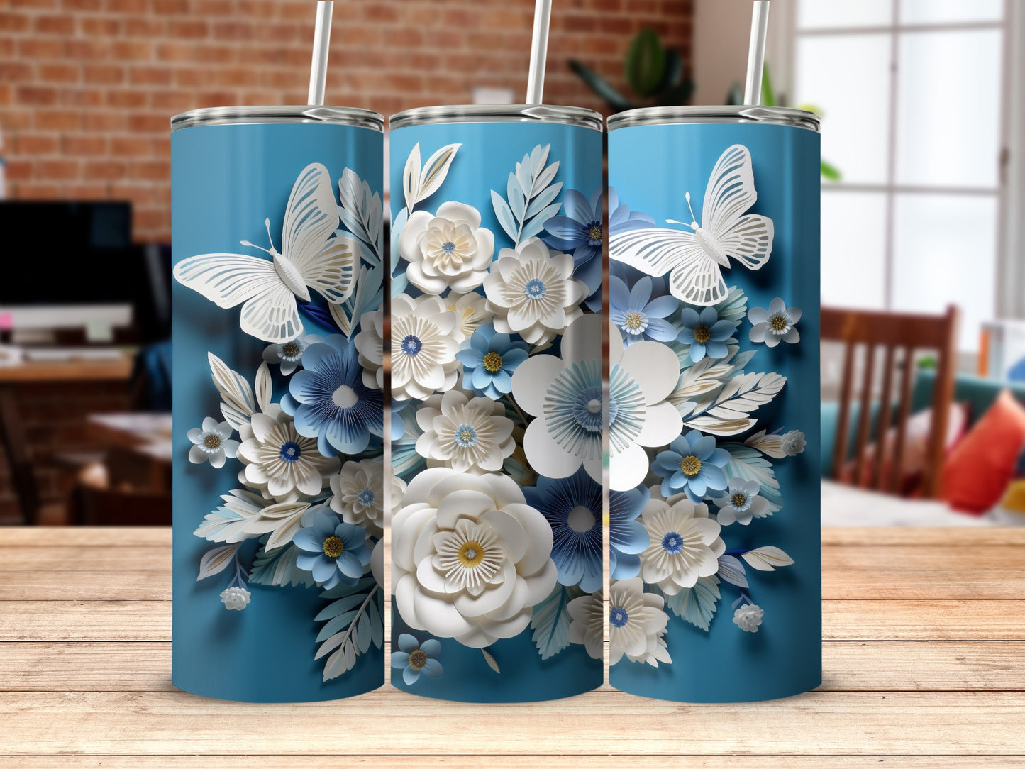 Blue White Butterflies Flowers Paper Cut Art product type
butterfly, flower, floral, paper cut, blue, white, art, artistic, elegant, nature, spring, garden, delicate, 3D effect, layered, serene, chic, beautiful, tumbler, design