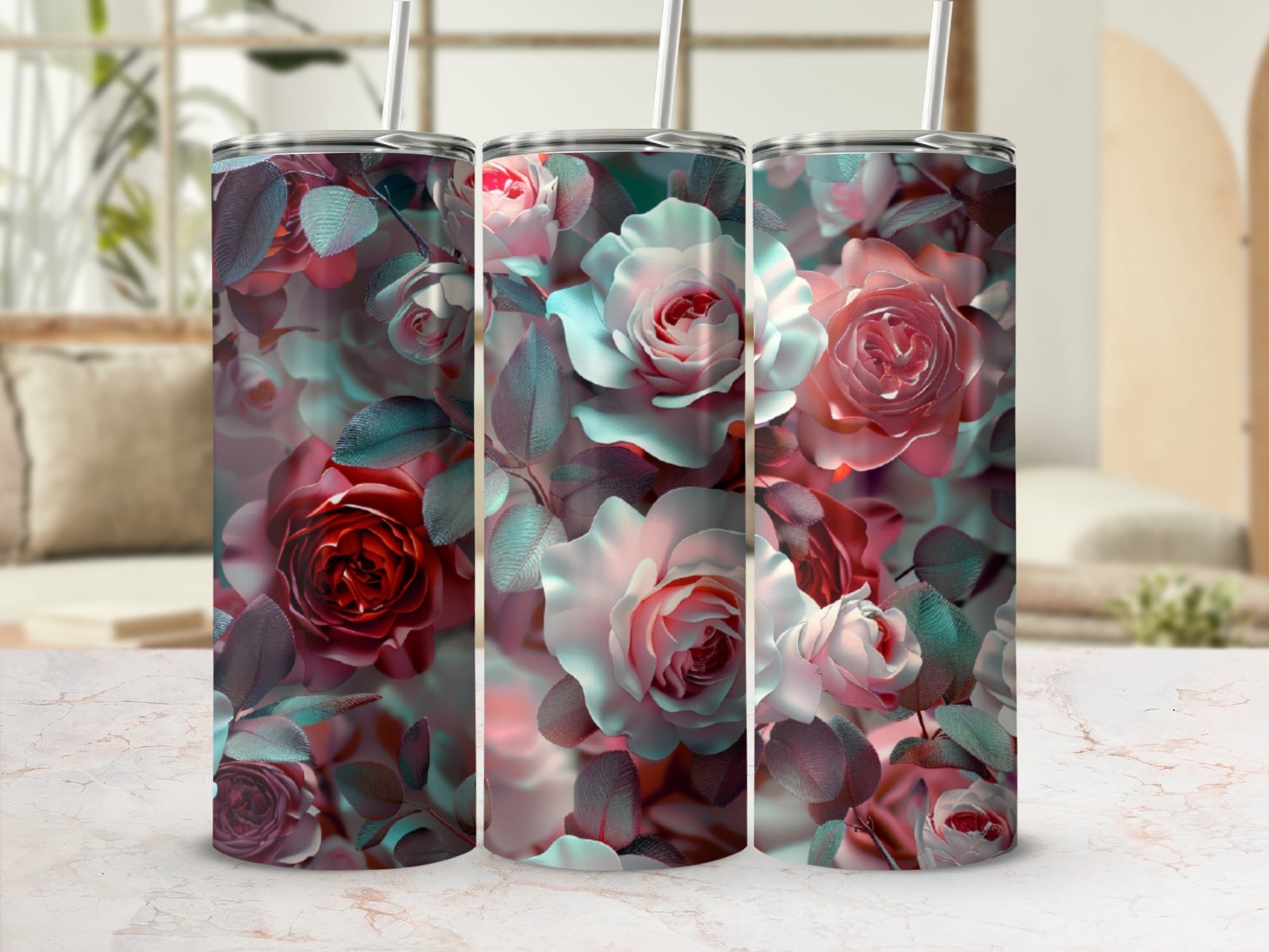 Three tumblers with a floral rose pattern on a marble surface.