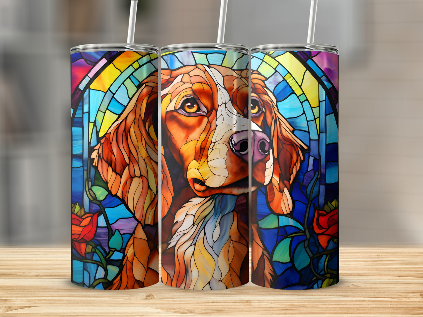 Stained glass style dog portrait with roses on a multicolor tumbler.