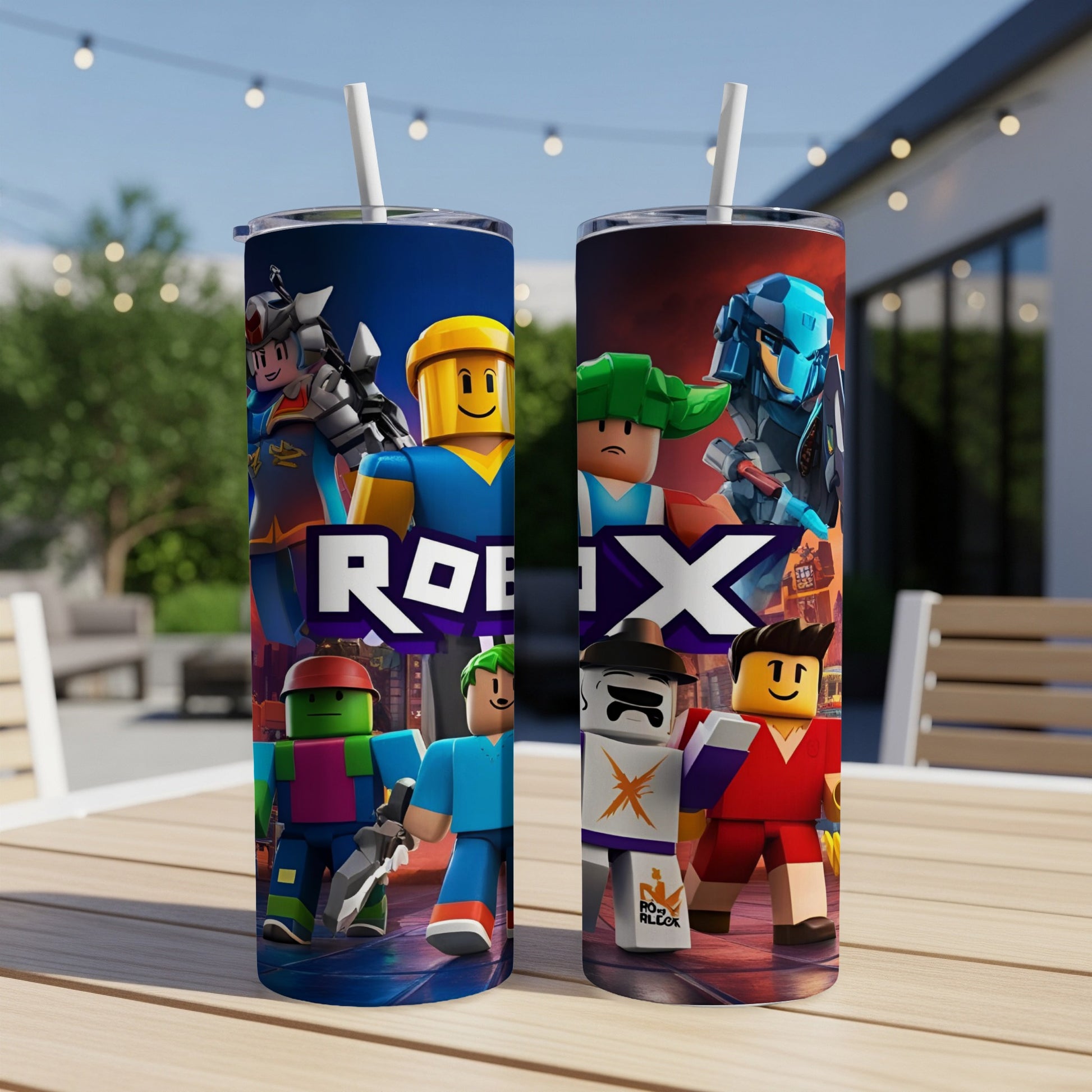 Roblox characters on blue and white tumblers with straws.