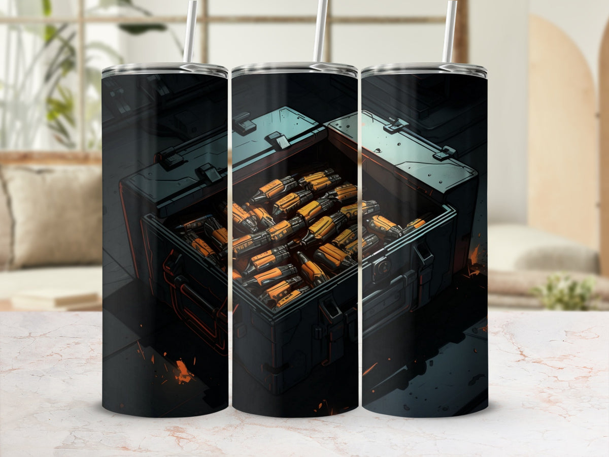 Three tumblers with a sci-fi ammunition crate design filled with orange cartridges.