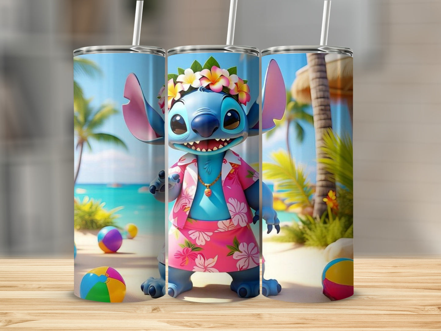 Tropical Beach Scene with Cartoon Character Tumbler
