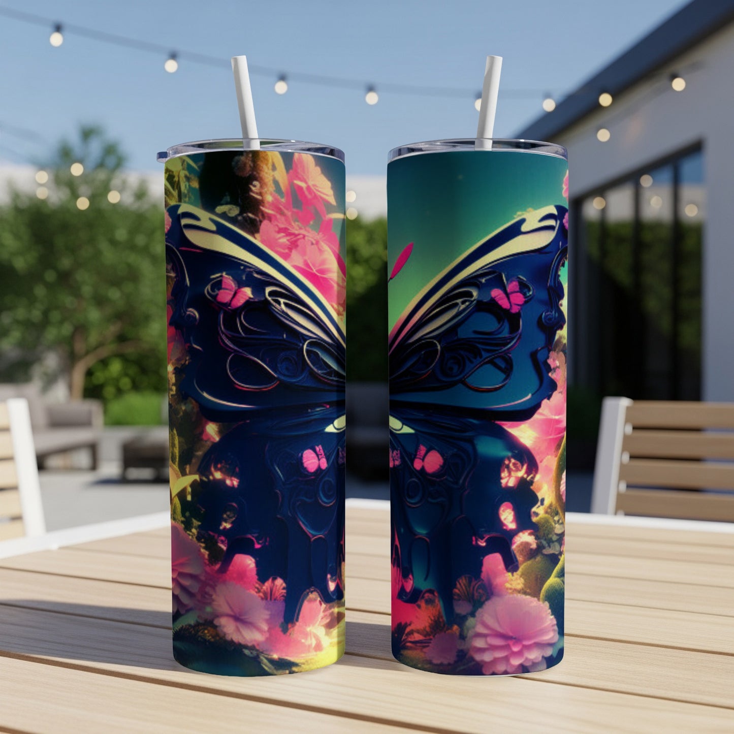 Two tumblers with colorful butterfly wings and floral designs on a table.