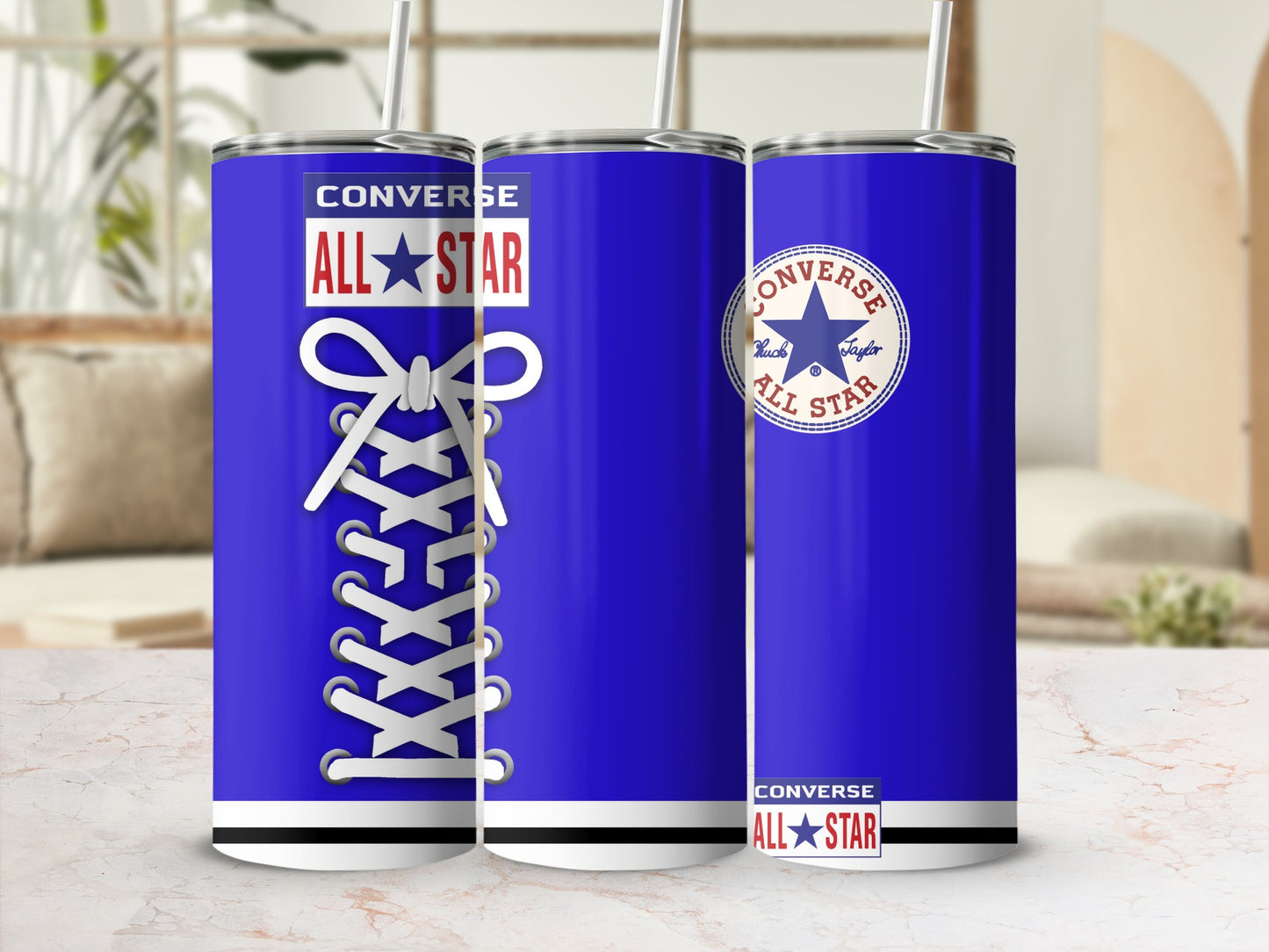 Blue Converse All Star tumbler with shoelace design and Chuck Taylor logo.