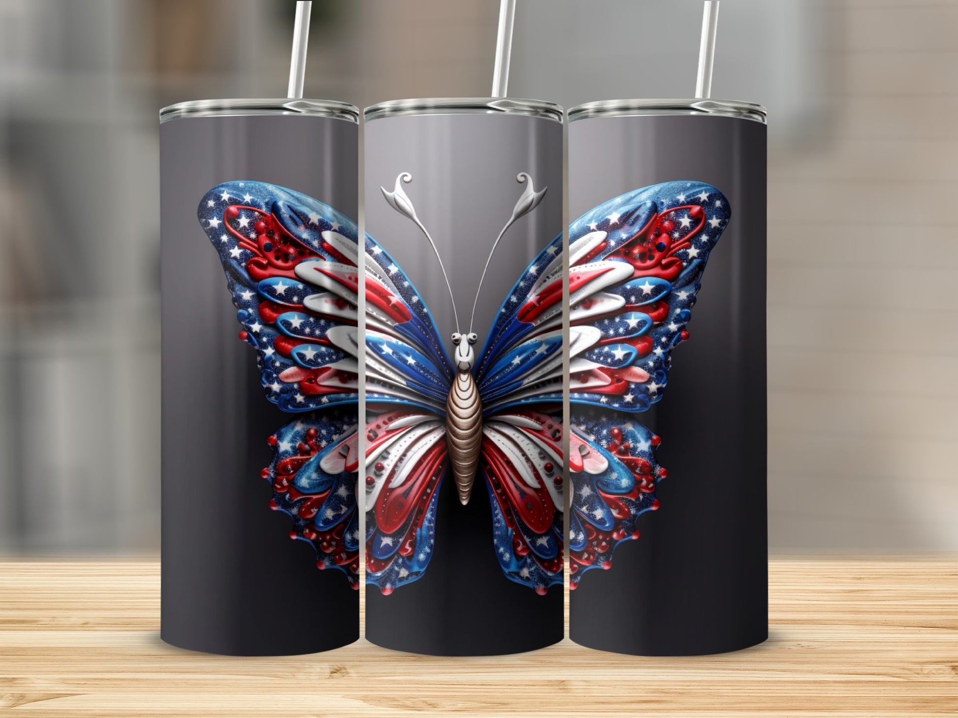 Tumbler with patriotic red, white, and blue butterfly design.