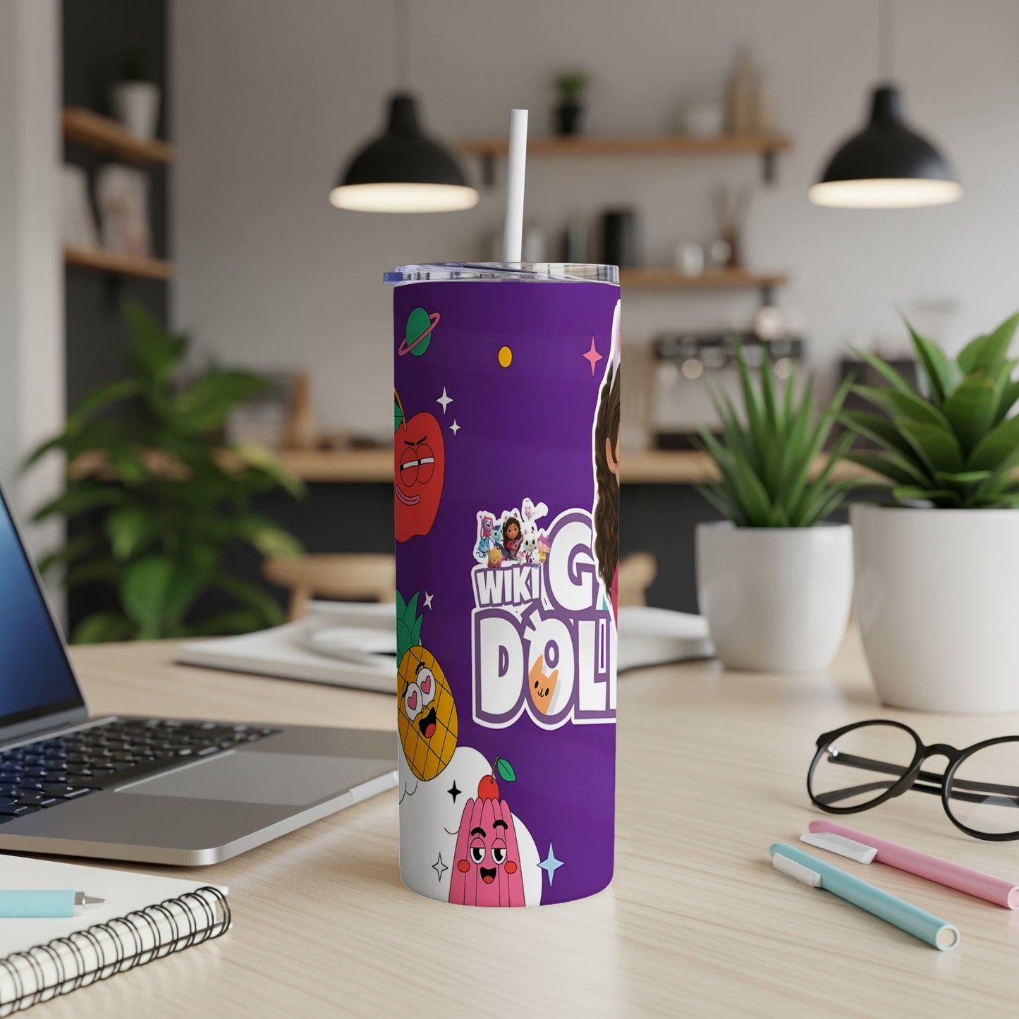 Purple tumbler with "Wiki G Doll" logo and playful fruit graphics.