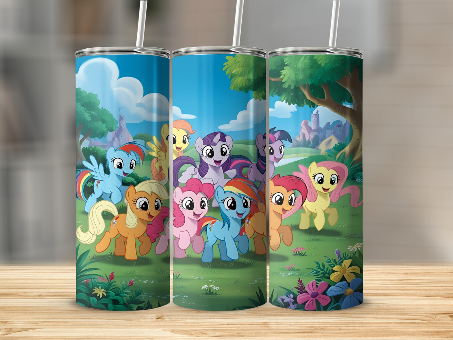 My Little Pony characters Rainbow Dash, Pinkie Pie, and Fluttershy on grassy landscape.