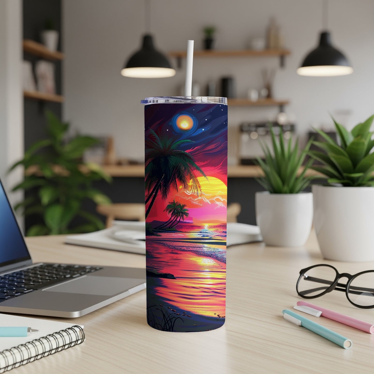 Tall tumbler with a vibrant sunset beach scene, palm trees, and ocean waves.