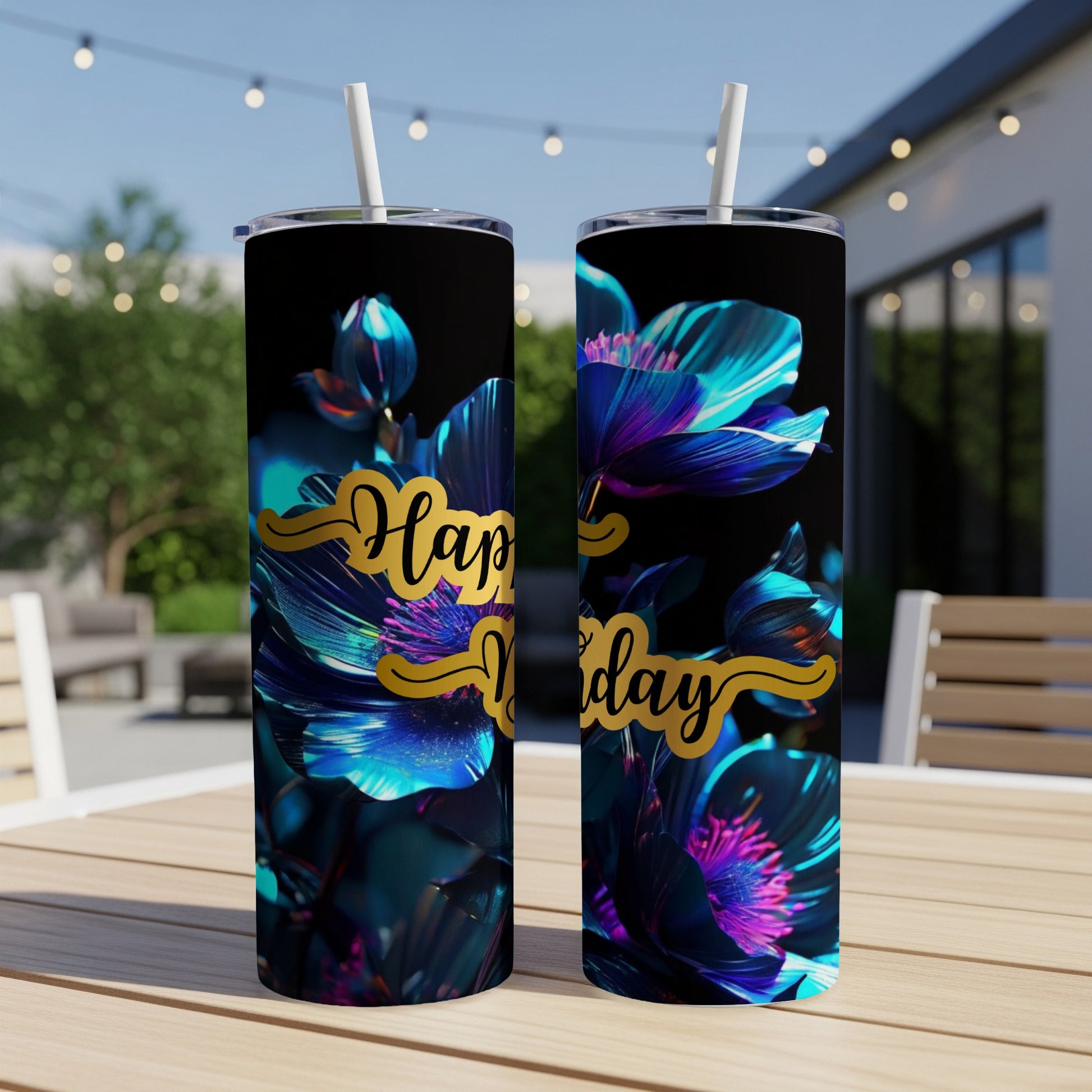 Two tumblers with a floral "Happy Birthday" design.