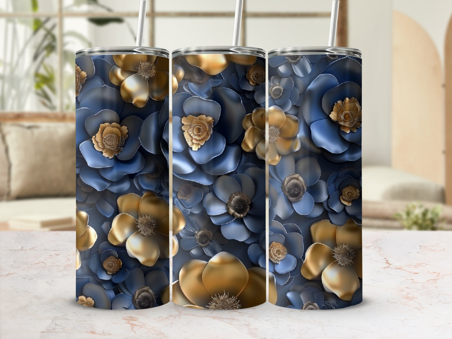 Blue and gold floral pattern on a tumbler.