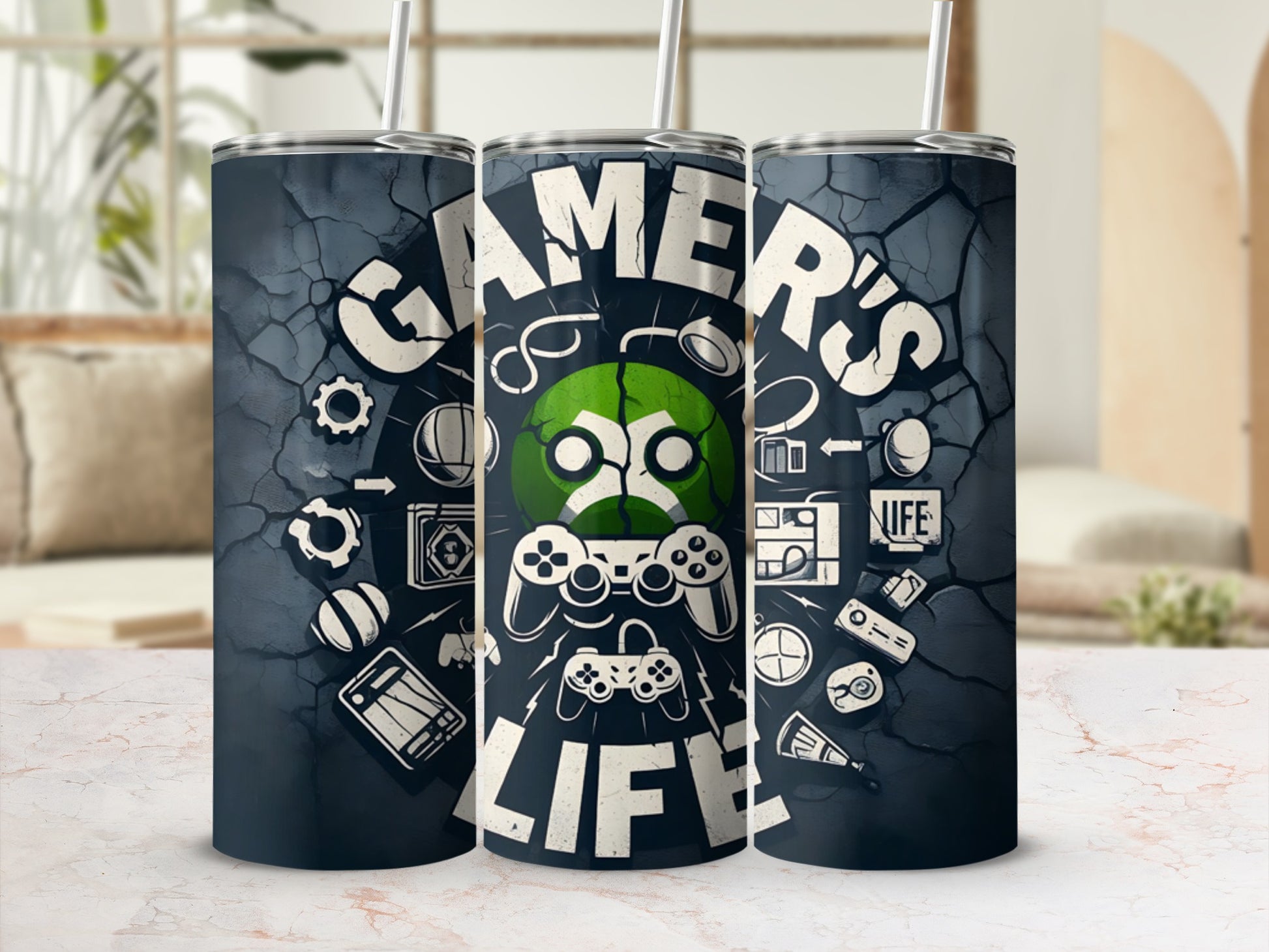 Gaming controller and icons on dark textured background, "Gamer's Life" text.