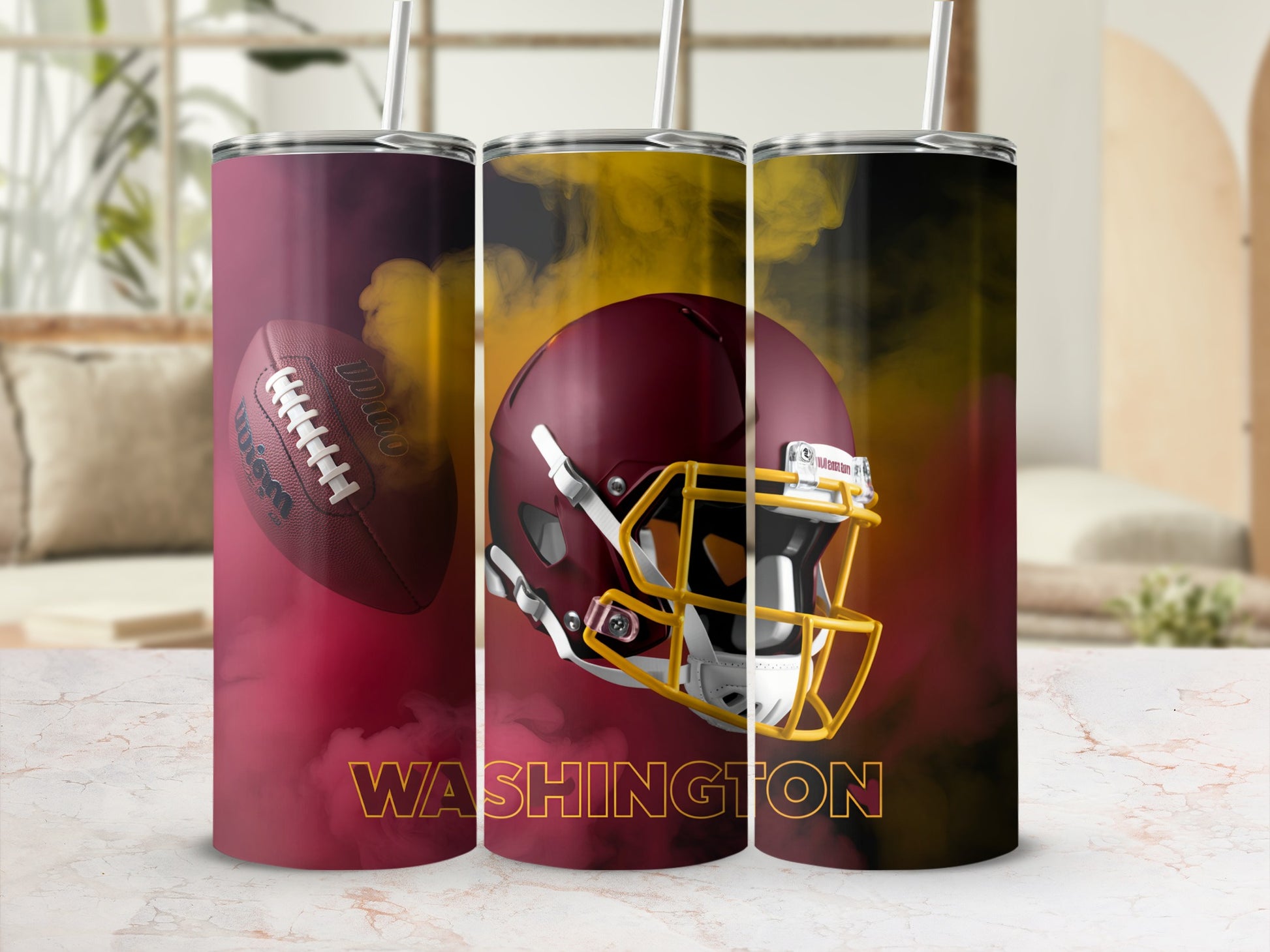 Washington Commanders football helmet and ball on smoky background.