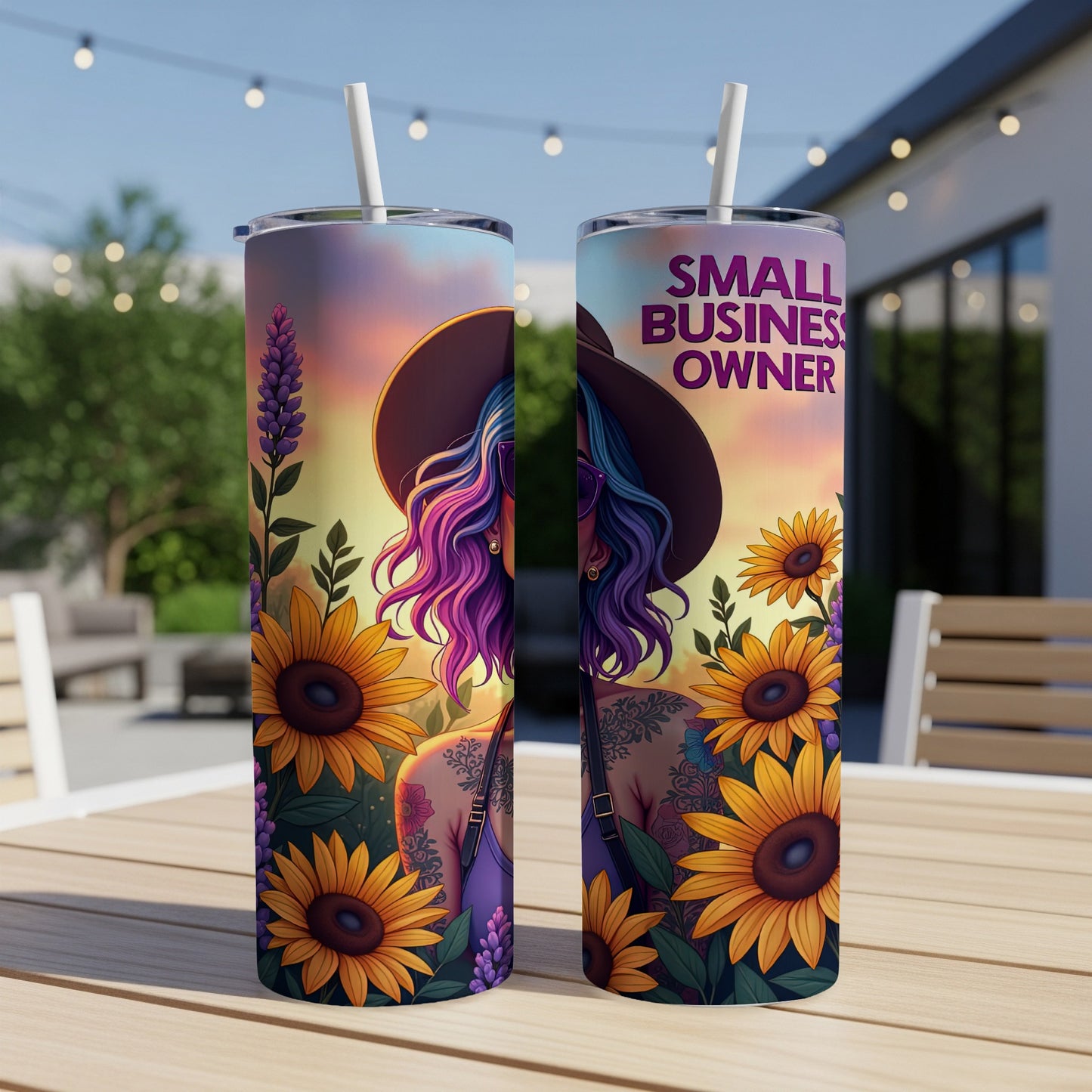 Tumbler with sunflowers and woman, reads "SMALL BUSINESS OWNER."