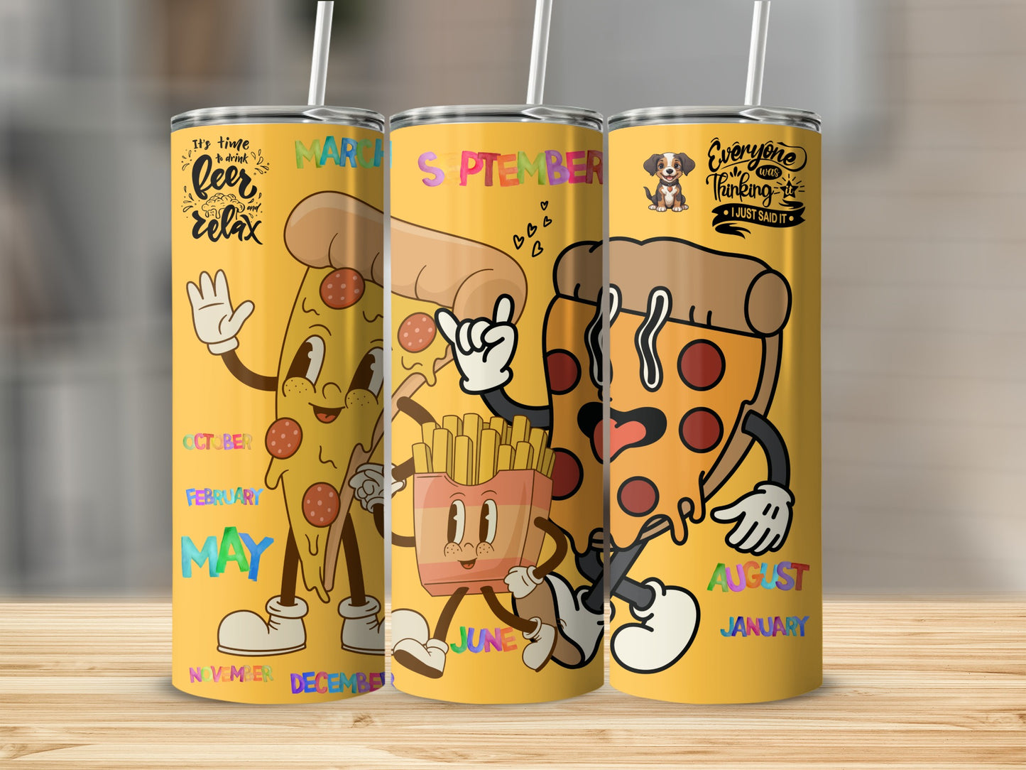 Fun Cartoon Pizza and Fries Tumbler Drinkware Set