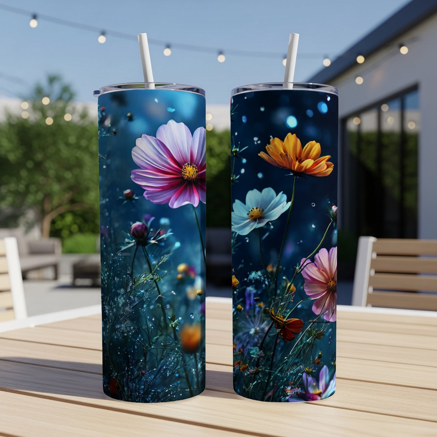 Two tumblers with colorful floral designs on a wooden table.