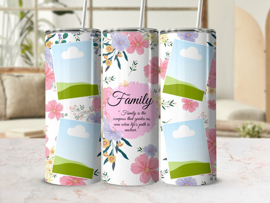 Floral tumbler with "Family" quote and placeholder photo frames.