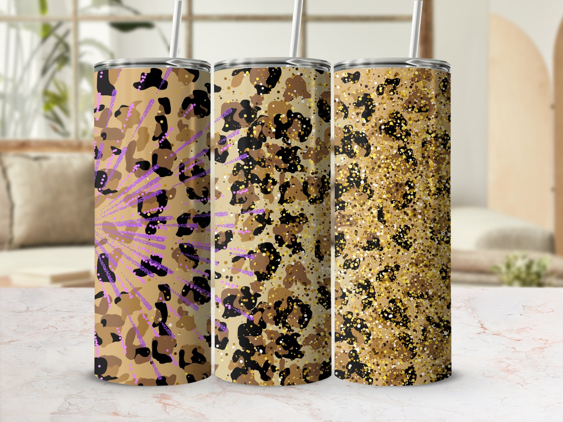 Stylish Leopard Print Tumbler with Glitter Effect Design