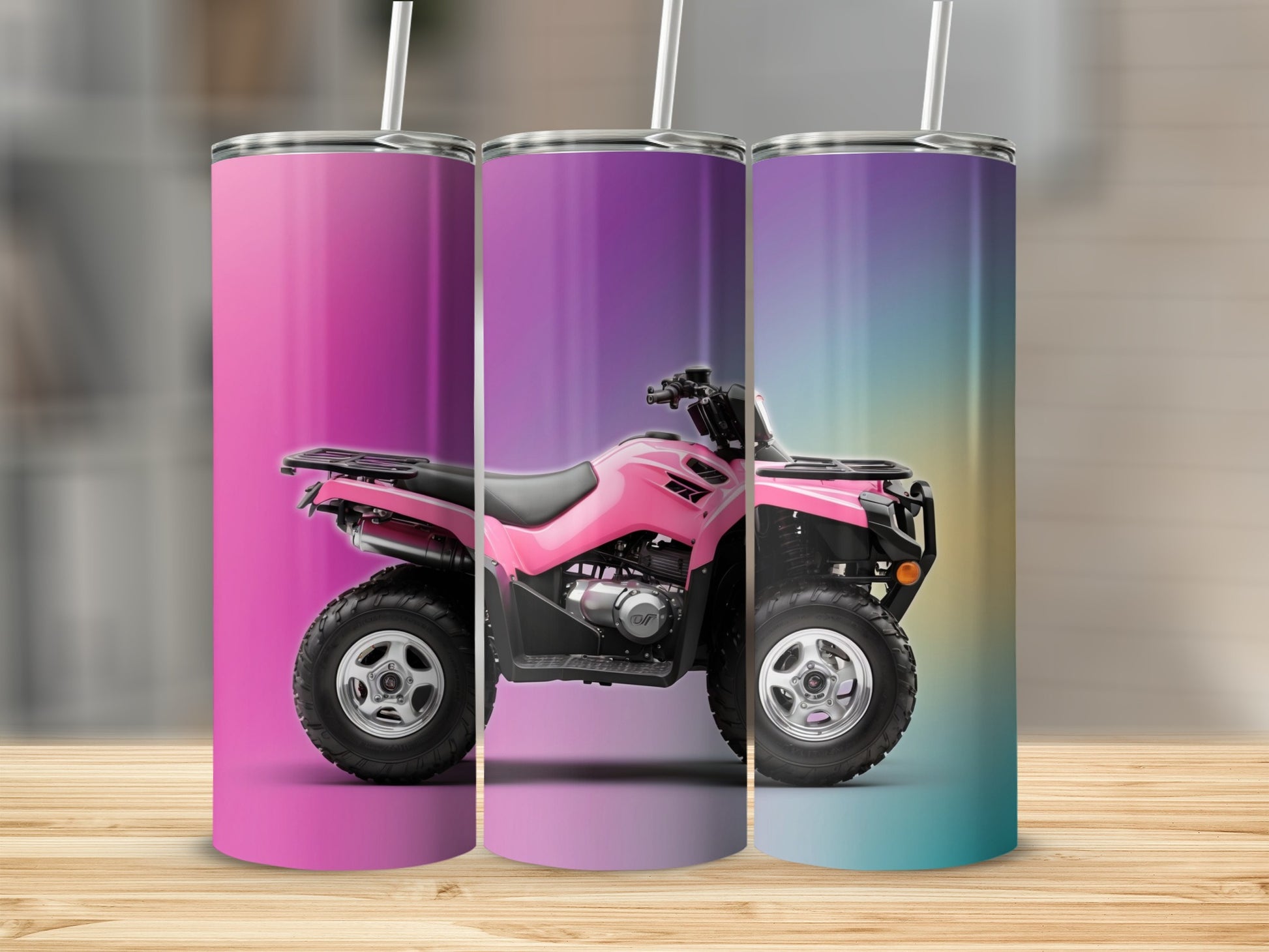 Pink ATV on a gradient background, displayed on three tumblers.