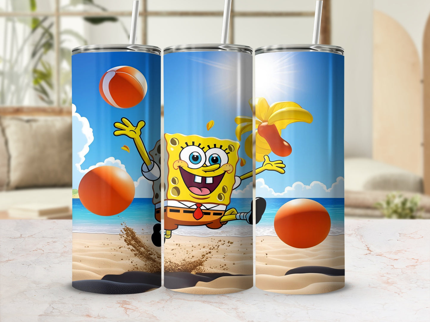 SpongeBob SquarePants on a beach with oranges and a banana.