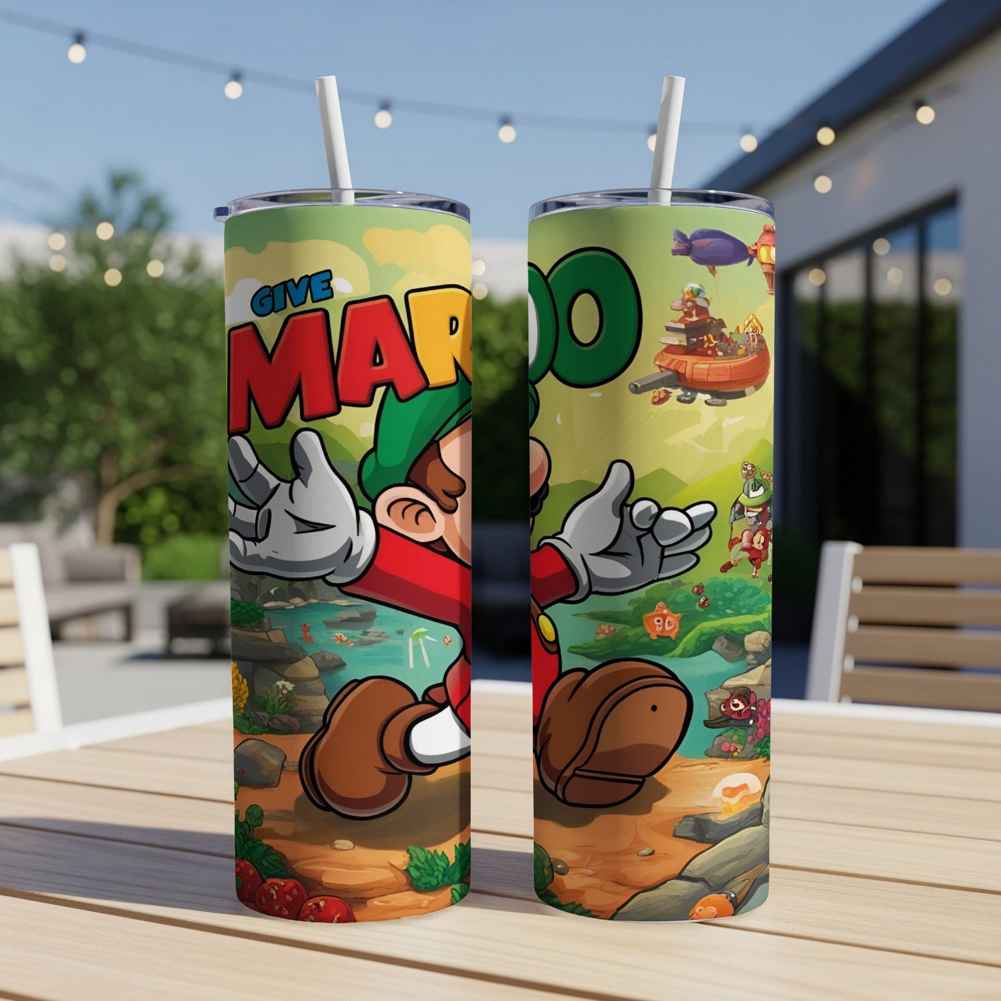 Two tall tumblers featuring Mario character with "GIVE MARIO" text.